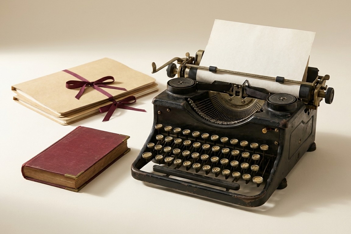 A manual typewriter beside archival folders and a closed book