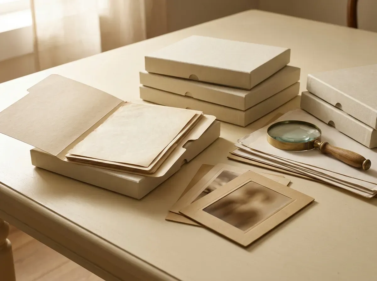 An archival folders and photograph mounts arranged beside a magnifying glass