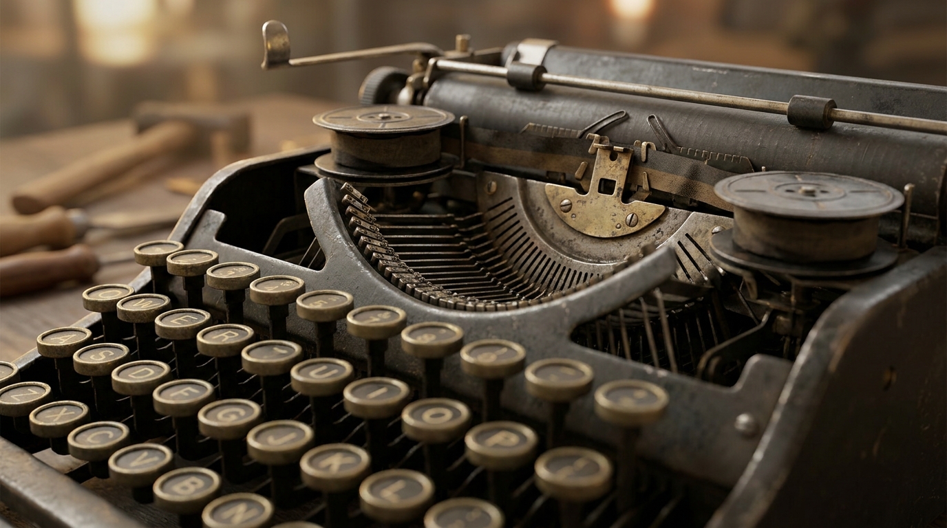 Close-up of a vintage typewriter’s keys and mechanism
