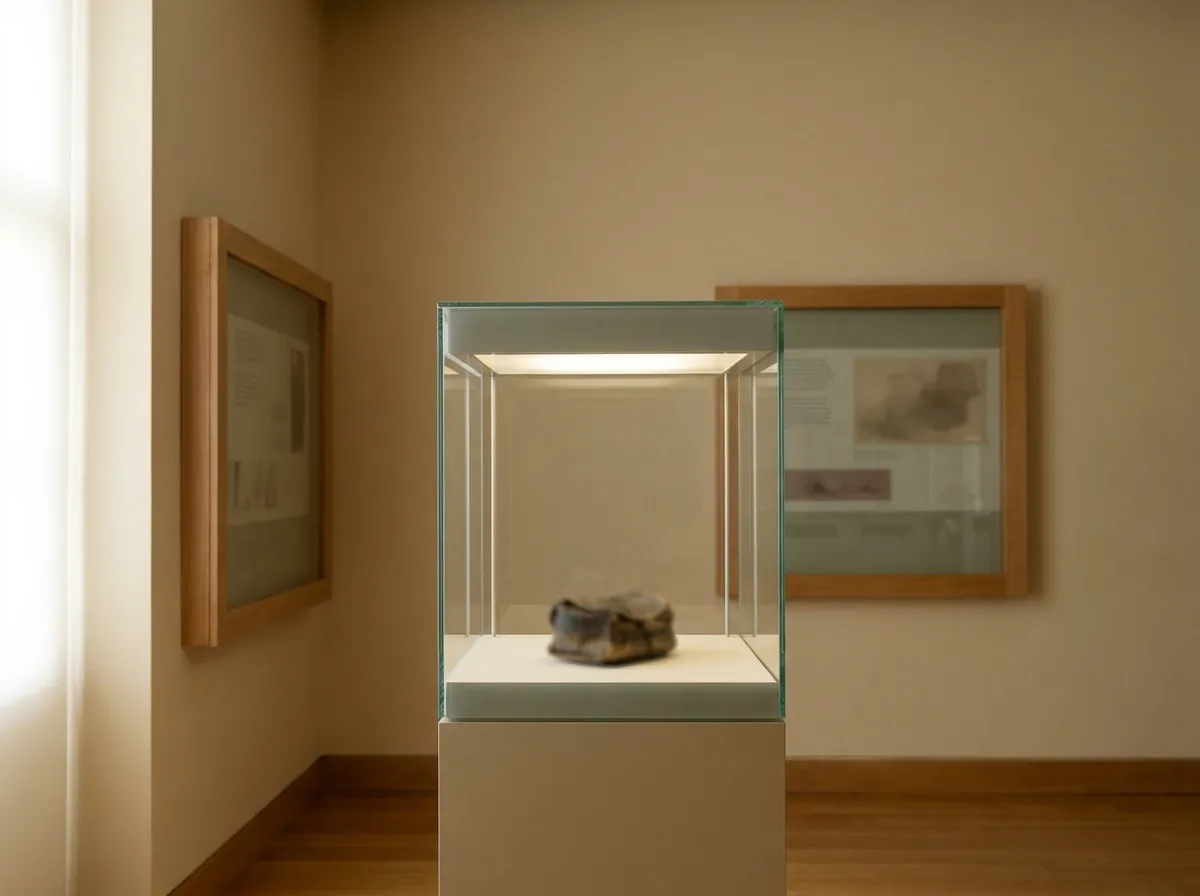 Framed displays and a glass case in an illustrative history-gallery interior