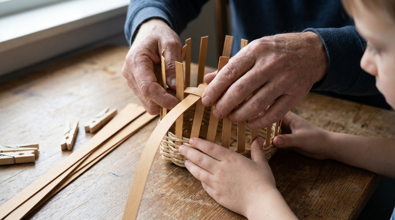 Hands weaving plain strips into a small practice basket