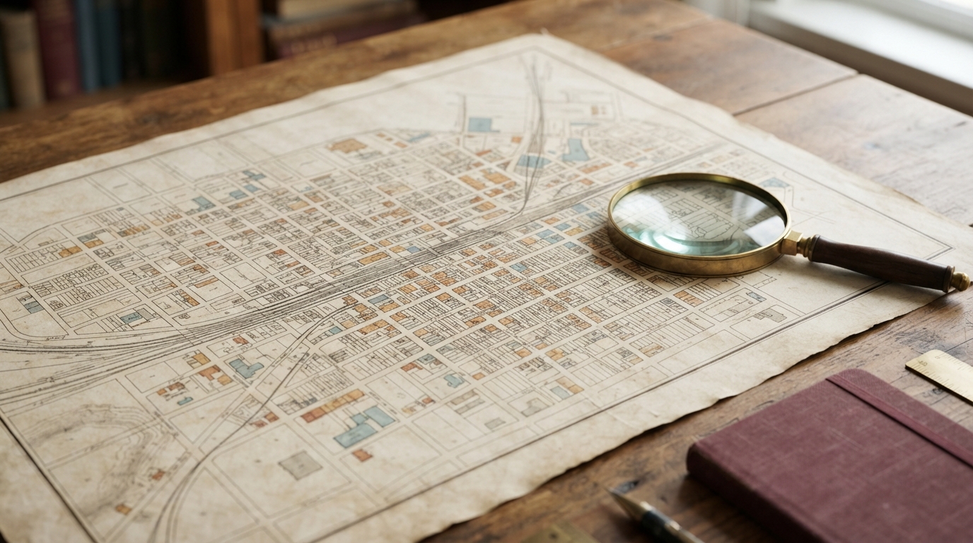 Historical-style map beside a magnifying glass
