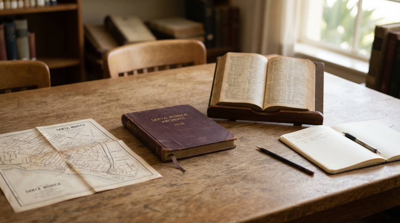 Map and archival books on a research table