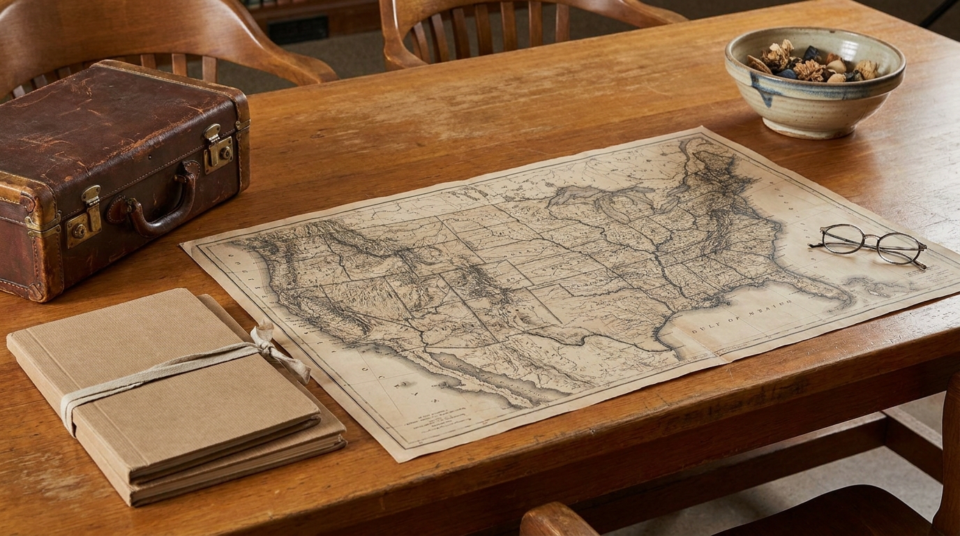Map, suitcase, and ceramic bowl on a research table