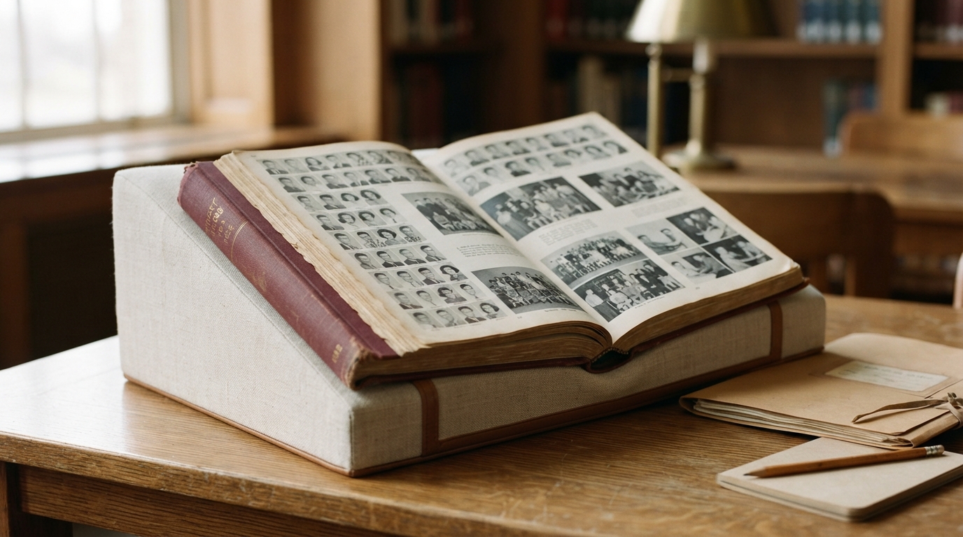 Open yearbook supported on a book cradle
