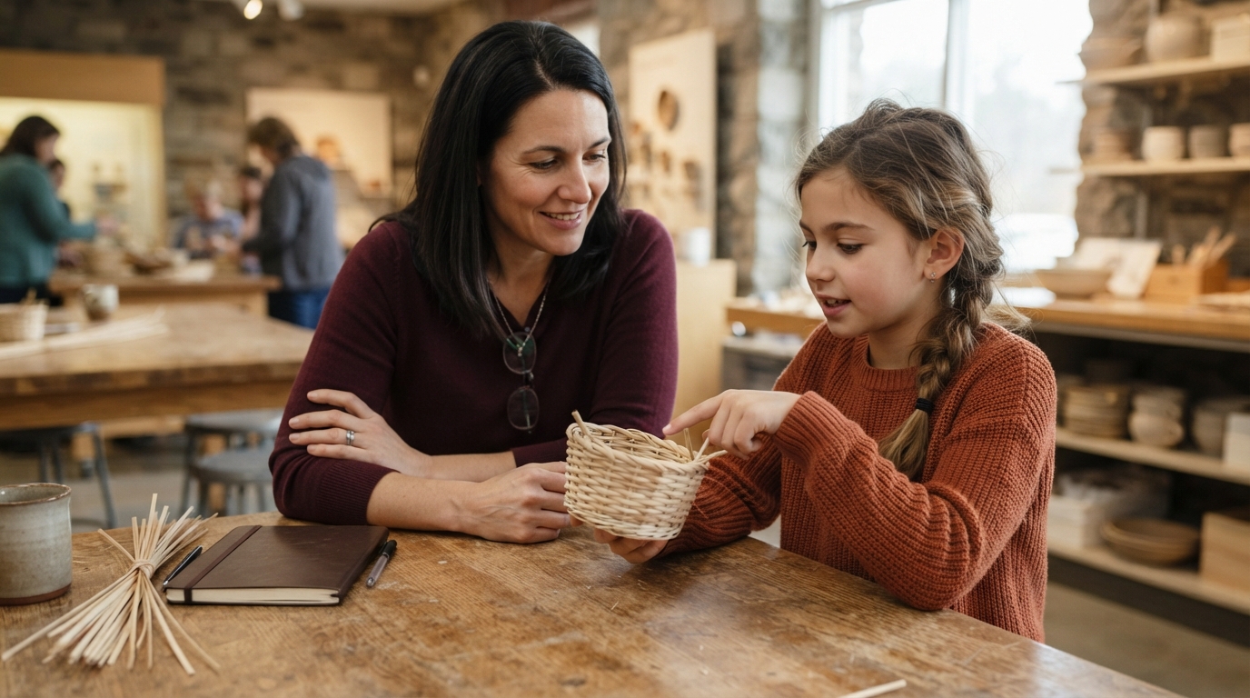 Parent and child examining the weave of a practice basket