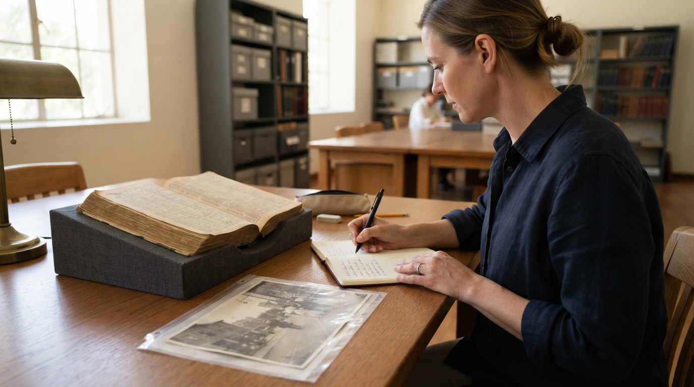 Researcher comparing a directory with a sleeved photograph