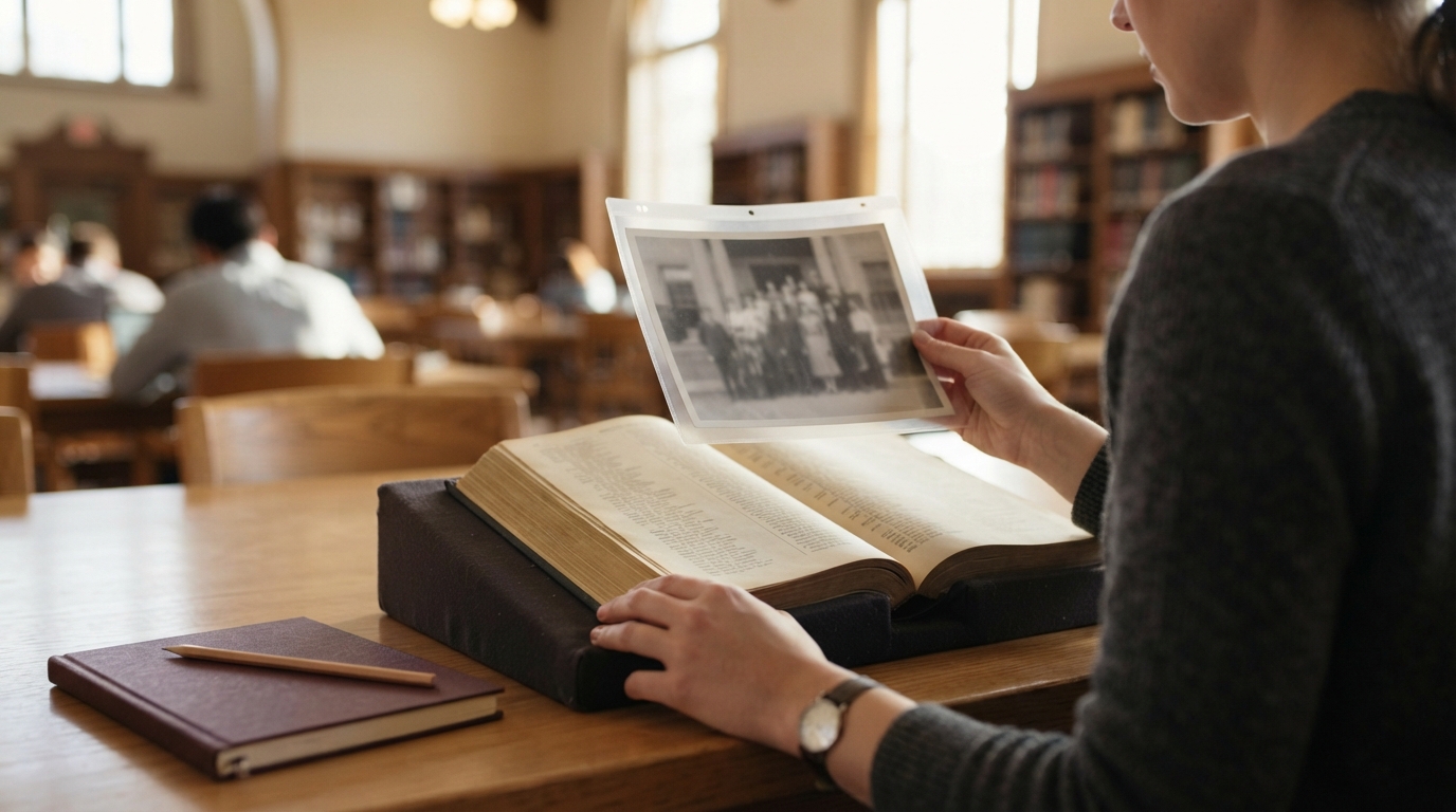 Researcher comparing a photograph with a historical directory