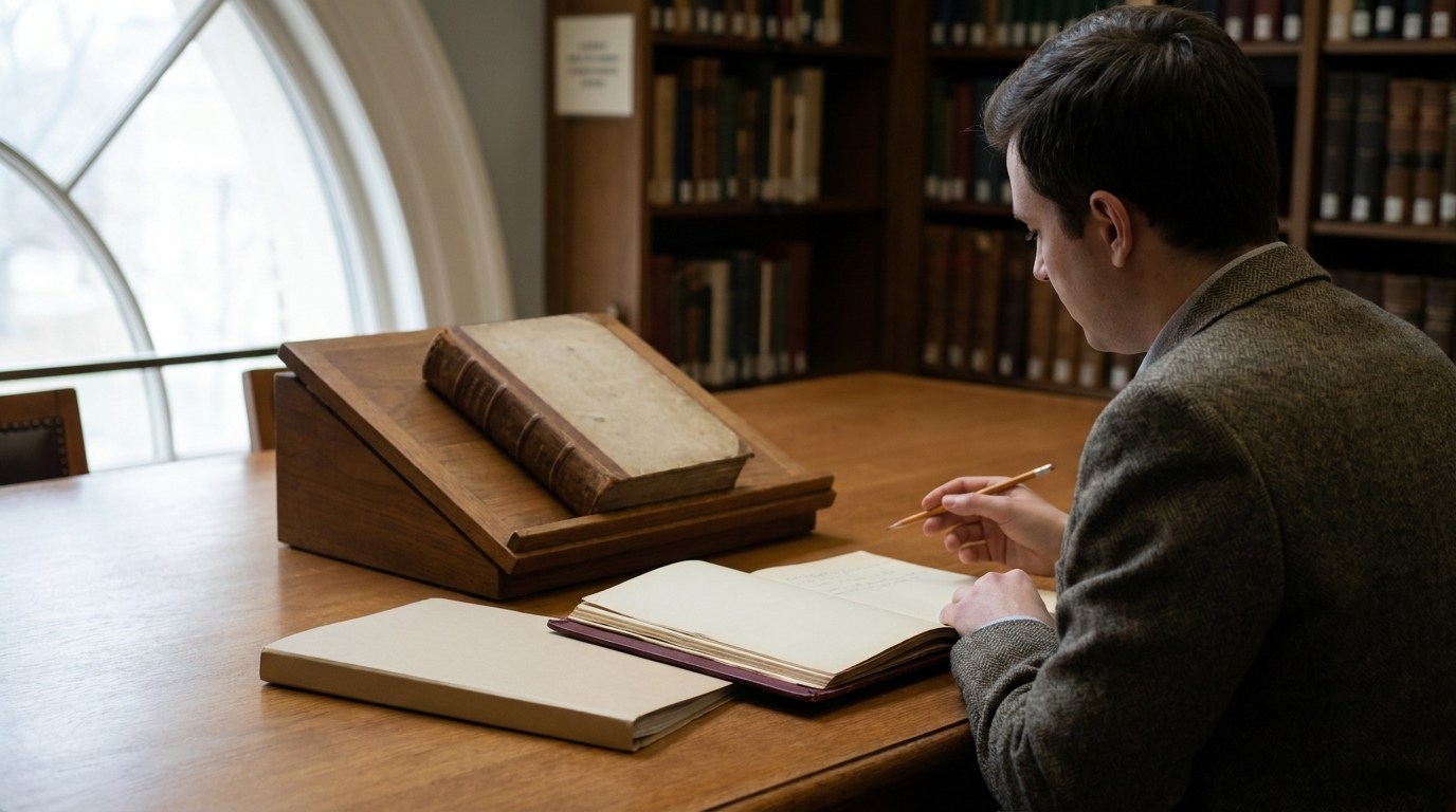 Researcher studying a historical directory beside a notebook