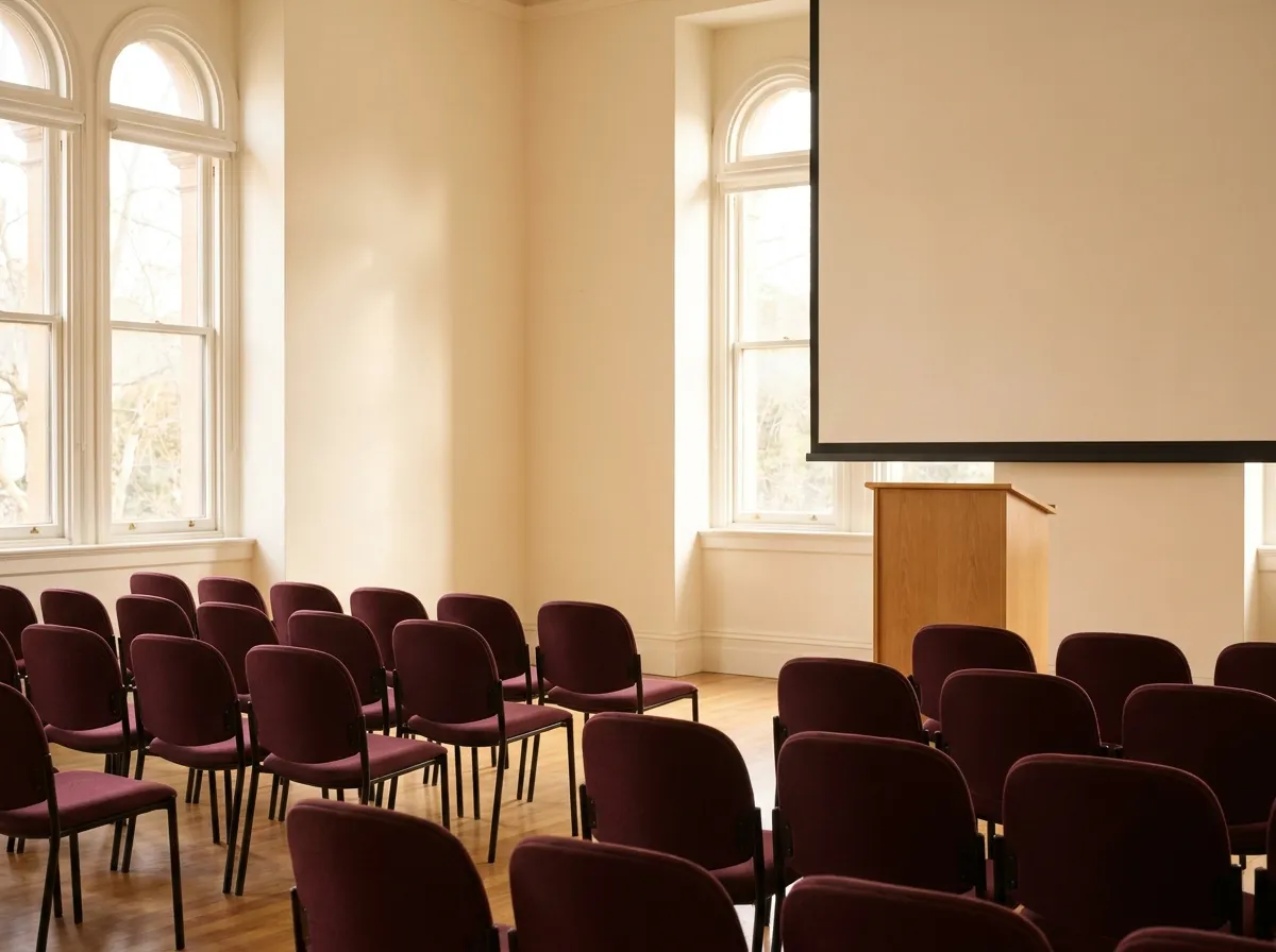 Rows of chairs facing a lectern in an illustrative museum talk room
