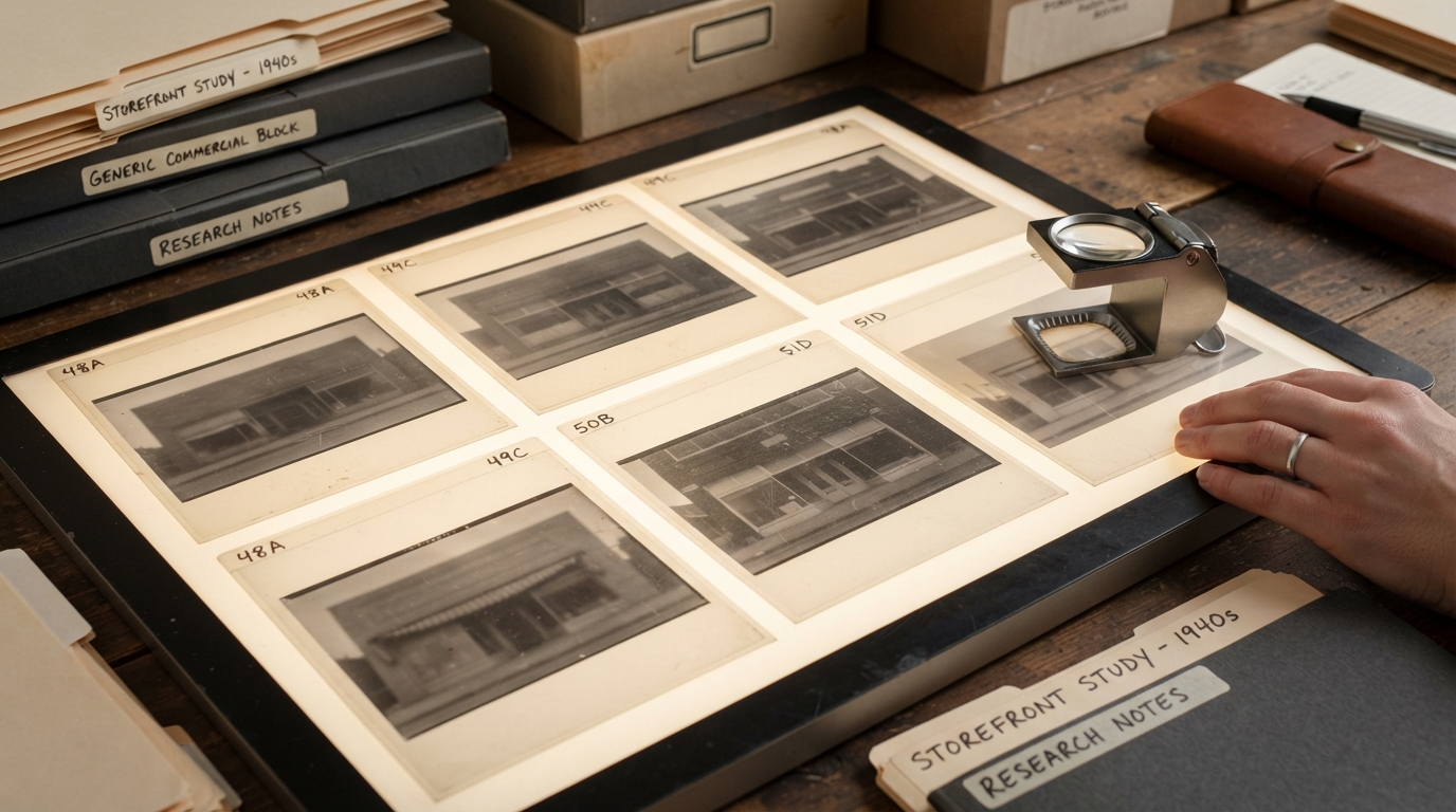 Sleeved photographic negatives on an illuminated viewing panel