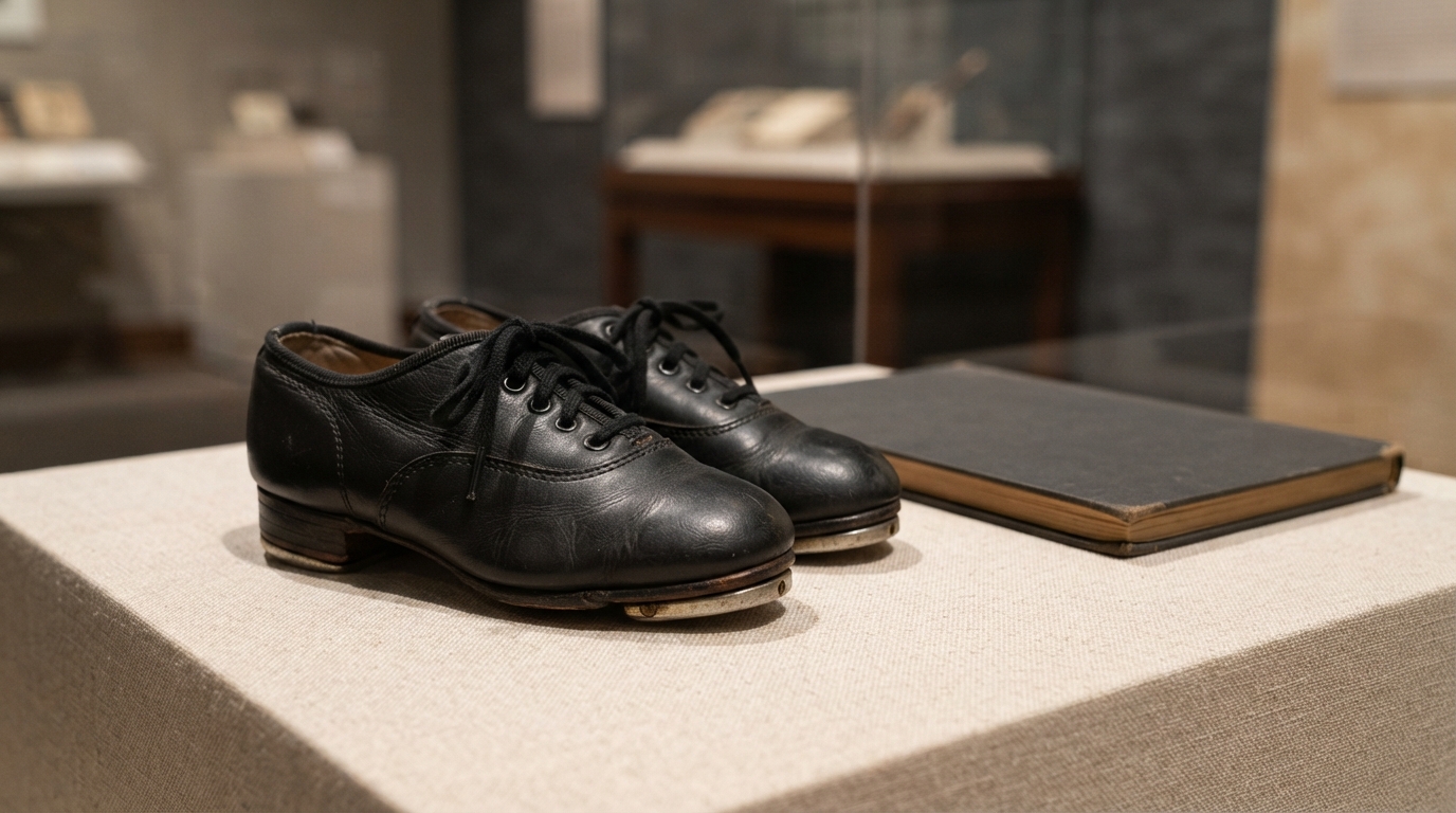 Small tap shoes displayed beside a closed music book