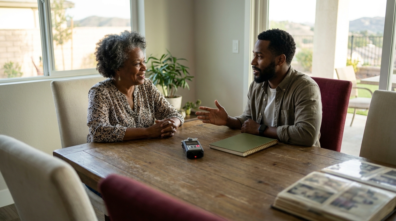 Two adults recording a conversation about family food memories