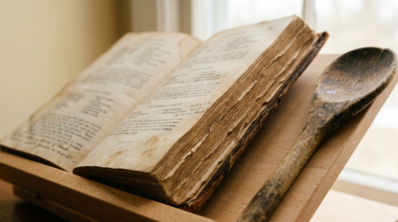 Vintage cookbook on a cradle beside a wooden spoon