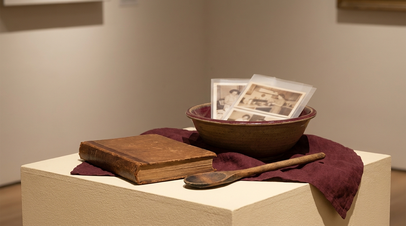 Vintage cookbook, wooden spoon, and serving bowl on display