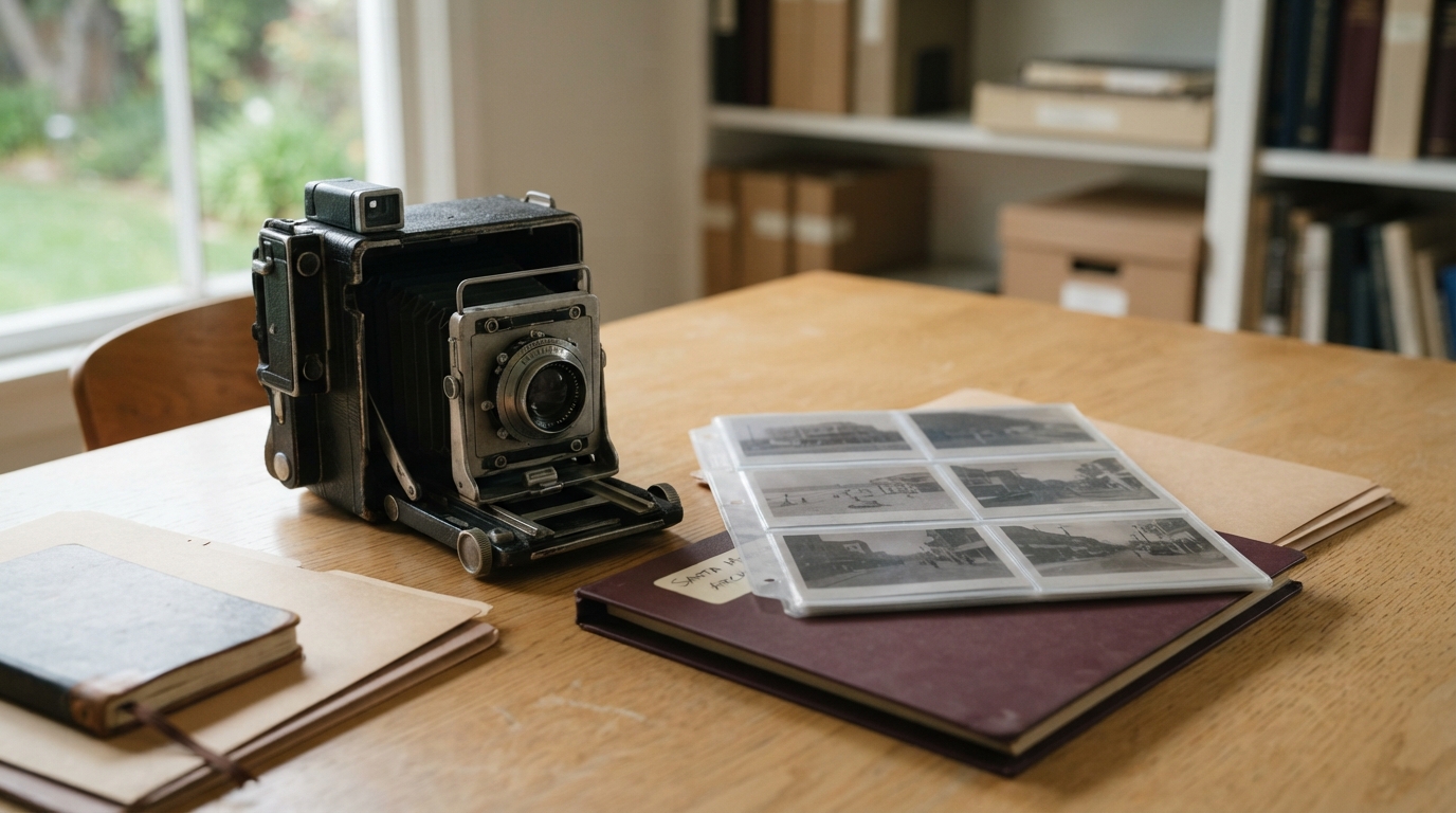 Vintage press camera beside sleeved photographic negatives