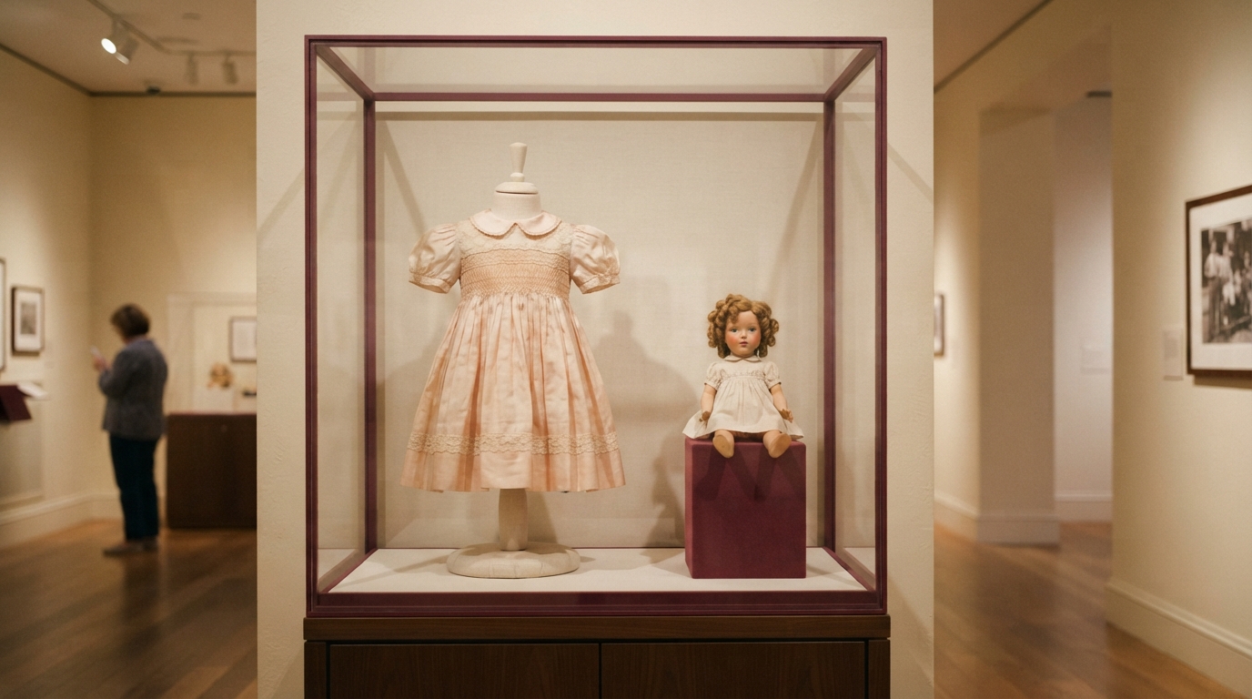 Vintage-style child’s dress and doll in a museum display case