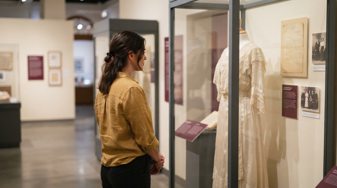 Visitor examining a costume display in a history gallery