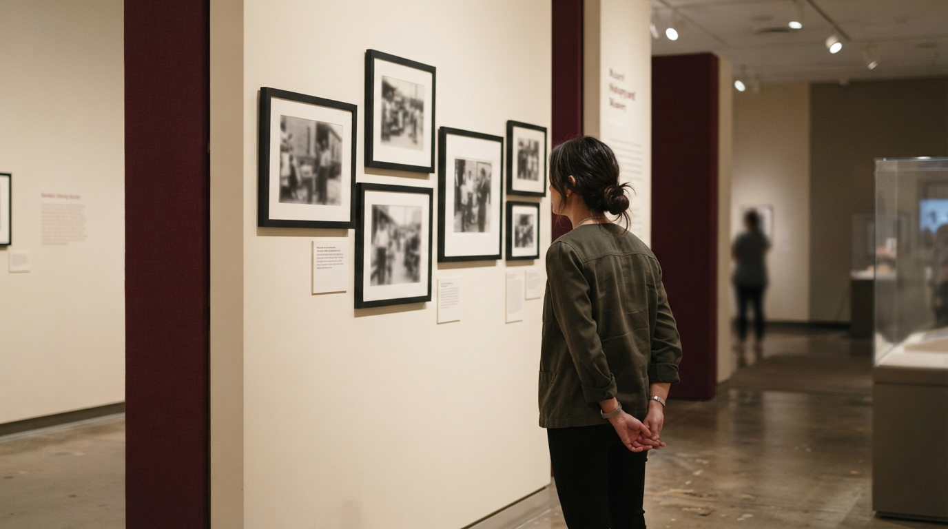 Visitor studying framed photographs in a museum gallery