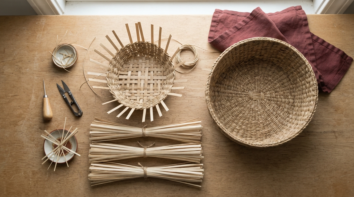 Weaving strips beside an unfinished and completed practice basket